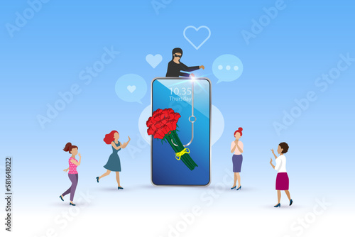 Romance scam, online dating phishing scam. Red roses bouquet with phishing hook on victim women for fraud chatting. Cyber crime and threat on woman.