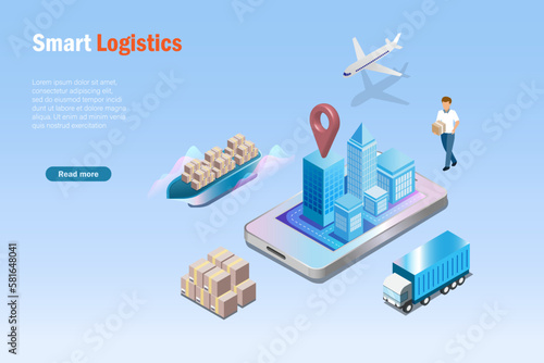 Online shopping and smart global logistics delivery system. Shipment carton delivery in supply chain, airfreight, seafreight and transportation truck use wireless and cloud computing technoloty. photo