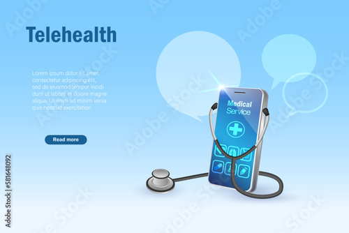 Telemedicine, telehealth, online doctor consultation technology. Stethoscope on medical mobile app give patient advise in health problem and sickness. Medical and health care service technology.