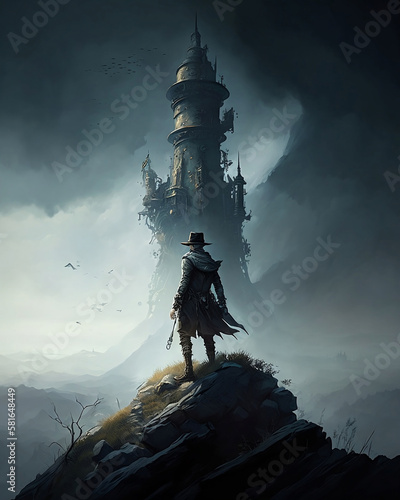 A man standing on top of a hill next to a tall tower