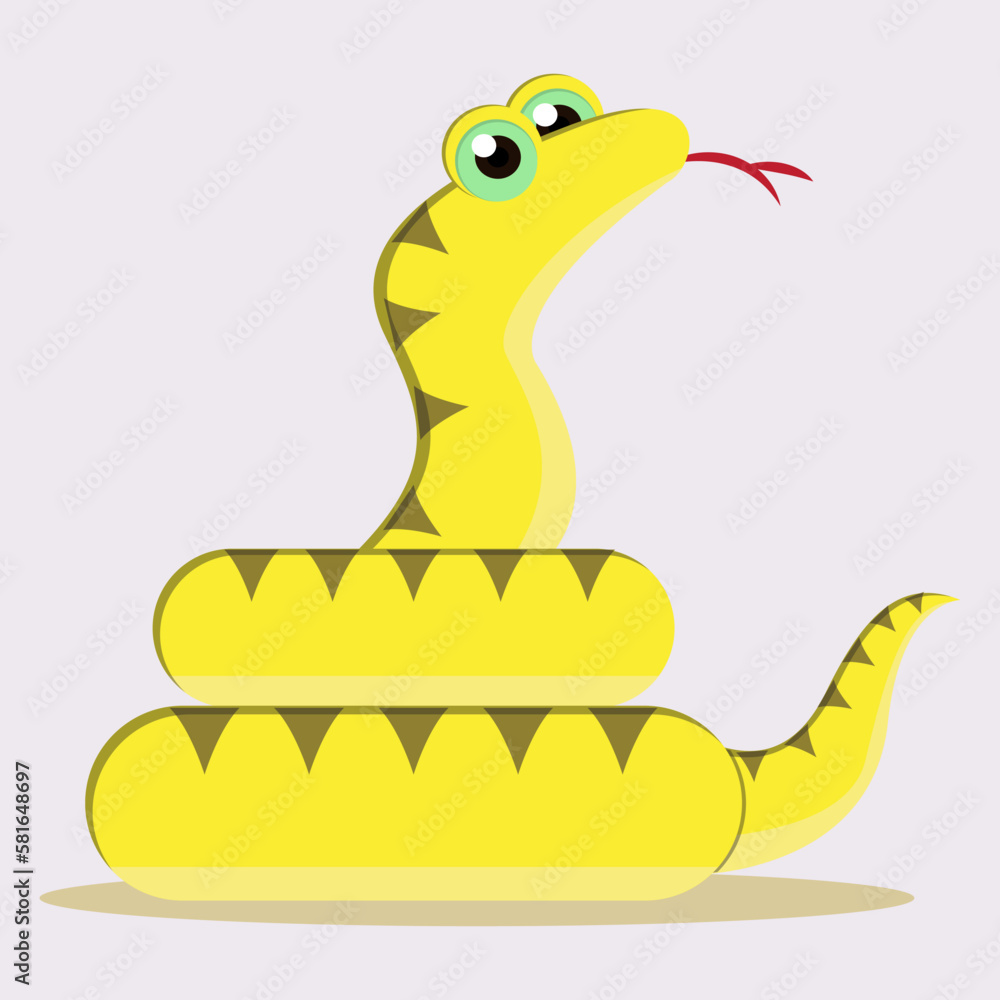 Fototapeta premium Yellow snake cartoon character coiled around himself on white background flat vector icon design template.