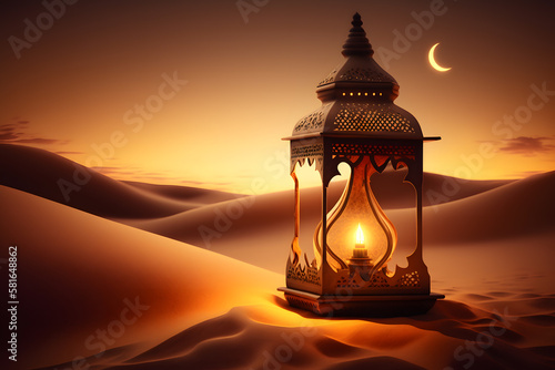 oriental lamp in sand at ramadan night, landscape with bright sunset background made with Generative AI