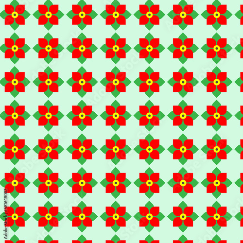 Red flowers with green leaves on light color background, Seamless pattern. 