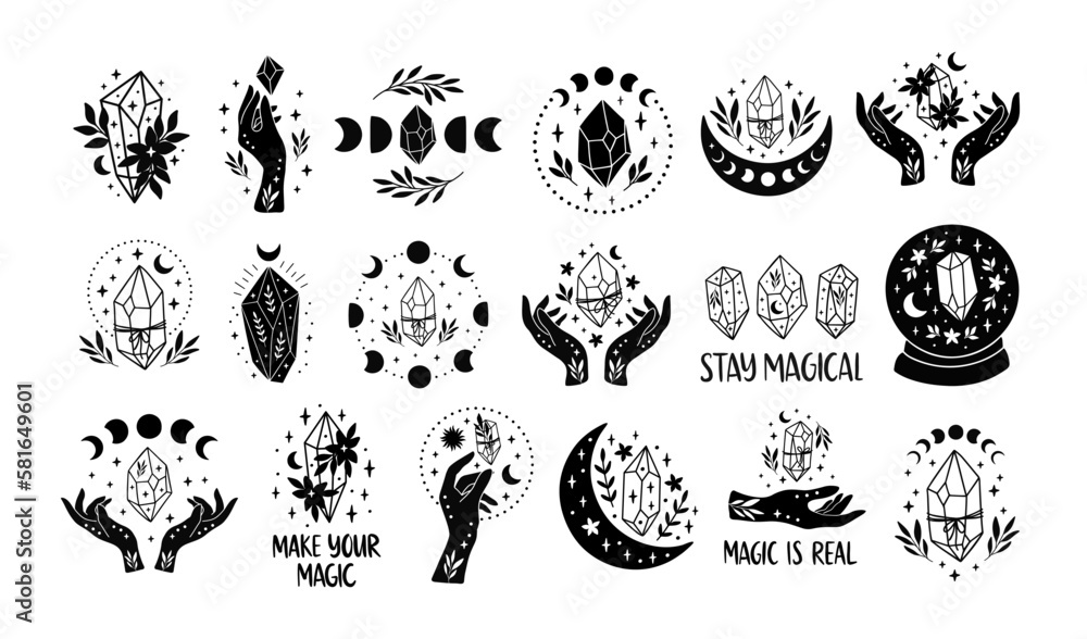 Witchy hands with boho moon crystal vector illustration set. Mystical witchcraft clipart for esoteric t-shirt print, magical logo, boho poster, celestial card.