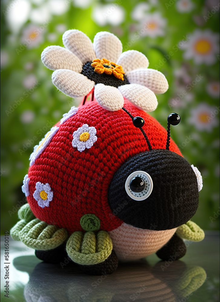 adorable animal lady bug plushie in front of a red flower
