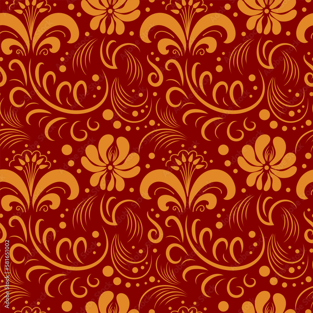 Pattern in Russian style Khokhloma. Traditional botanical folk drawing. Gold on red. Vintage illustration for wallpaper, printing on fabric, wrapping, background. Pattern in Russian style Khokhloma. Traditional botanical folk drawing. Gold on red. Vintage illustration for wallpaper, printing on fabric, wrapping, background.