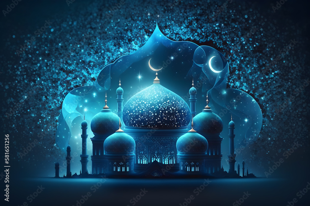 Luxury ramadan background with mosque, star, and bokeh in blue color tone made with Generative AI