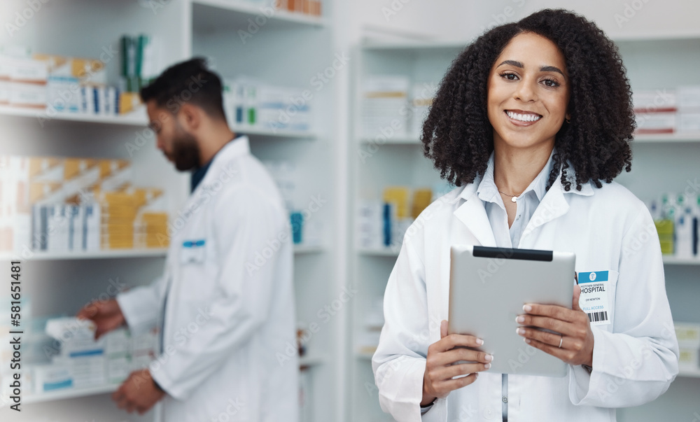 Smile, tablet and portrait of woman pharmacist with online checklist and happy to help with advice. Confidence, medicine and medical professional and healthcare consultant in wellness pharmacy. Smile, tablet and portrait of woman pharmacist with online checklist and happy to help with advice. Confidence, medicine and medical professional and healthcare consultant in wellness pharmacy.