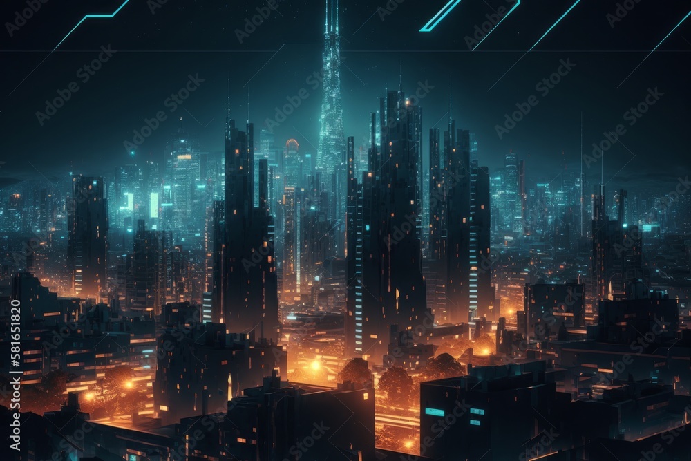 Night city Cyber punk landscape concept of the city with  glowing lights - obrazy, fototapety, plakaty 