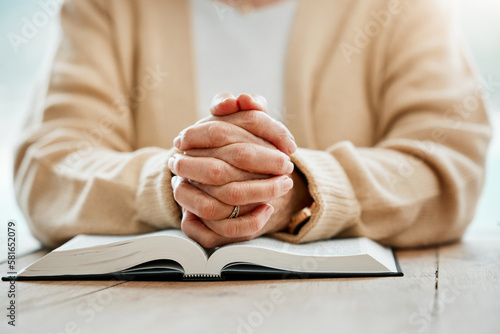 Bible, praying or hands of woman in prayer reading book for holy worship, support or hope in Christianity or faith. Jesus Christ, zoom or elderly person studying or learning God in spiritual religion