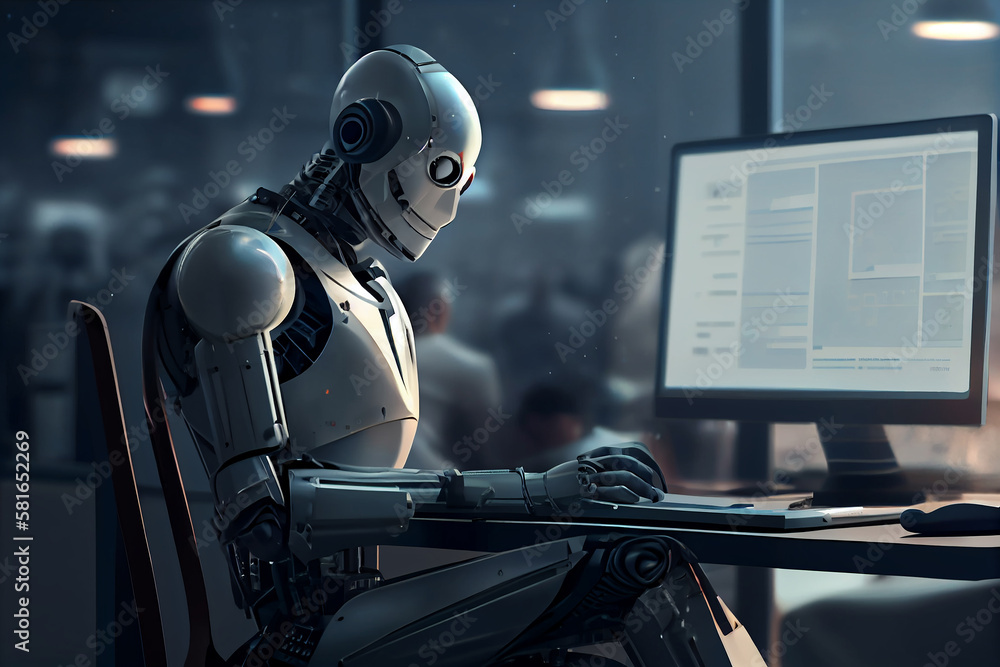 Chat bot assistant, Robot online assistance and machine customers support on desk with computer, robot working chatbot texting, coding or developing project, Generative AI Chat bot assistant, Robot online assistance and machine customers support on desk with computer, robot working chatbot texting, coding or developing project, Generative AI