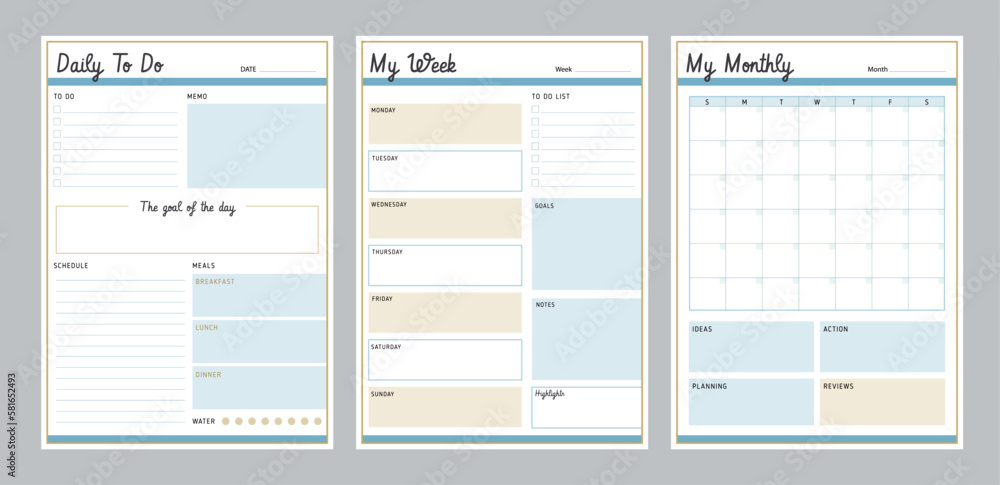 3 set of Daily, week, monthly planner. Minimalist planner template set. Vector illustration. 3 set of Daily, week, monthly planner. Minimalist planner template set. Vector illustration.
