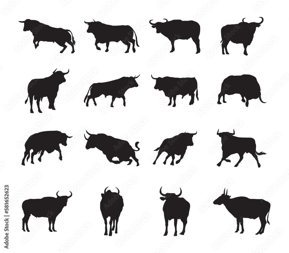 Bull silhouette vector illustration set