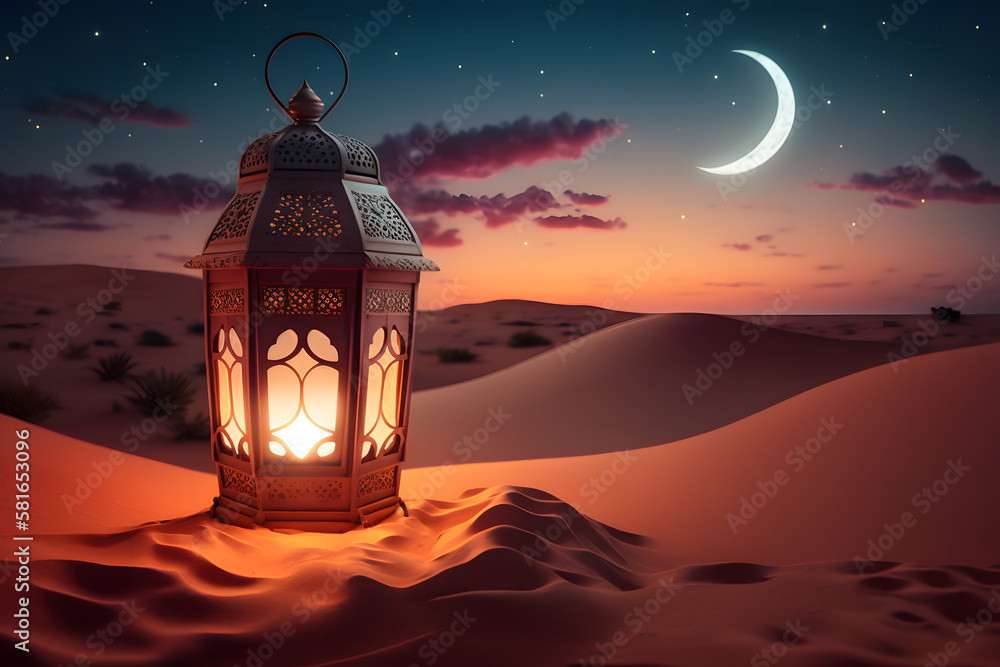 Arabic lantern in a desert. Holy month of Ramadan concept. Dusk sky, crescent moon. Copy space made with Generative AI Arabic lantern in a desert. Holy month of Ramadan concept. Dusk sky, crescent moon. Copy space made with Generative AI