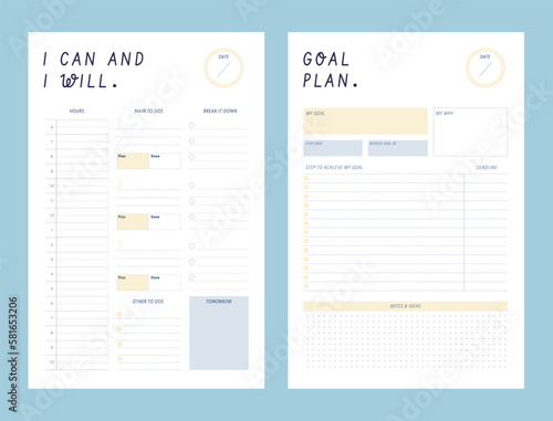 (ocean) I can and I will and goal planner. Minimalist planner template set. Vector illustration.