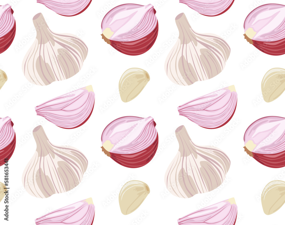 Fototapeta premium Pattern with garlic and onions. Spicy vegetables. Pattern with food. Seamless pattern in vector. Realistic image of vegetables. Isolated figures.