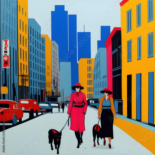 elegant girls  walking along the city street  with dogs  pop art  bright colors  fantasy  generated in AI