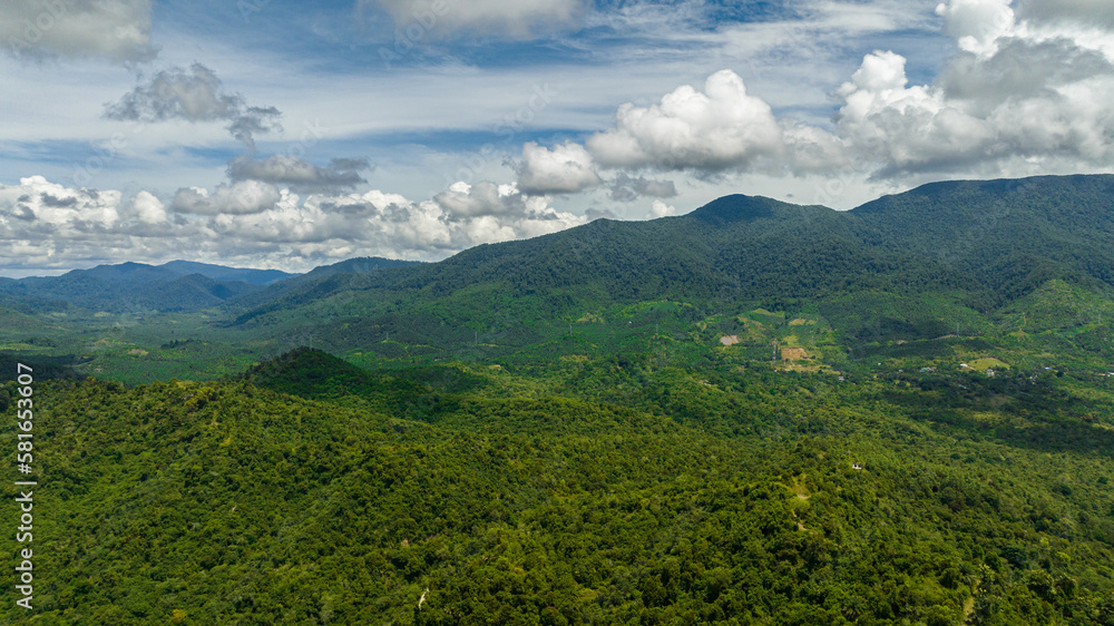 Aerial view of jungle and mountains in Borneo. Mountain slopes with tropical vegetation. Malaysia. Aerial view of jungle and mountains in Borneo. Mountain slopes with tropical vegetation. Malaysia.