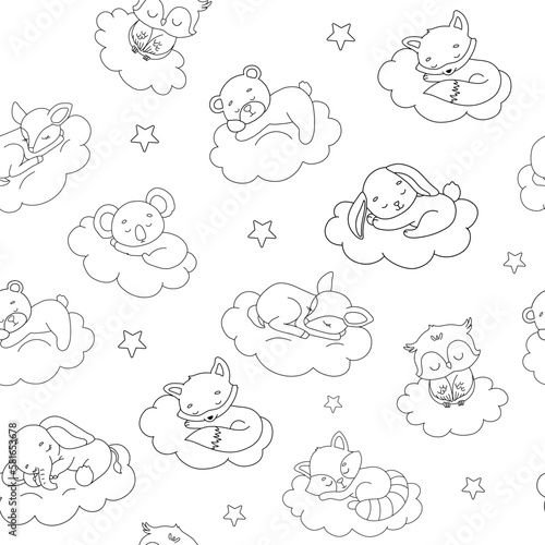 Cute dreaming bear, deer and raccoon on cloud. Cartoon hand drawn vector outline seamless pattern. Line baby animal