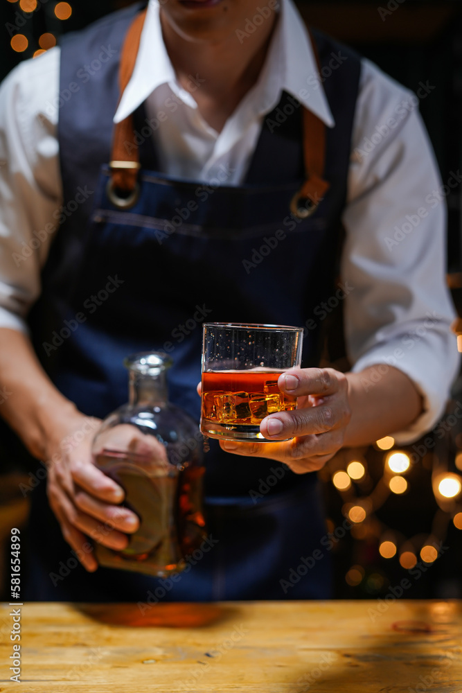 Bartender Serve Whiskey, on wood bar, Bartender Serve Whiskey, on wood bar,