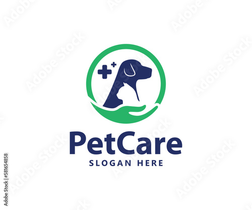Pet Clinic Logo with Dog, Cat, and Hand with Cross Symbol. Pet Care Logo with Dog, Cat, Bird and Hand Symbols