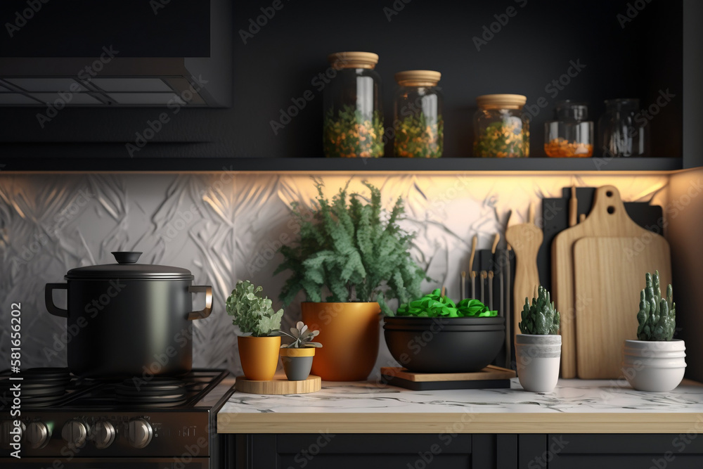 Well organized kitchen view with spice bottles, cutting board, plants, peaceful kitchen to prepare for a healthy meal Well organized kitchen view with spice bottles, cutting board, plants, peaceful kitchen to prepare for a healthy meal