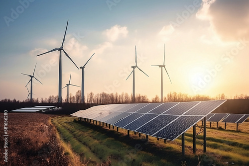 solar power plant with wind turbines at sunset under a blue sky. Power plant with an electric turbine and solar panels. Concepts of eco friendly and clean energy.