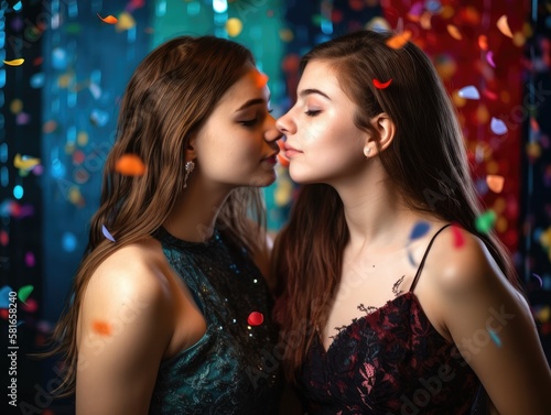 Young lesbian couple at a prom celebration party. Generative AI