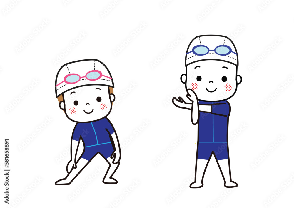 水泳の前に準備運動をする男の子と女の子 ジェンダーレス水着 水泳の前に準備運動をする男の子と女の子 ジェンダーレス水着