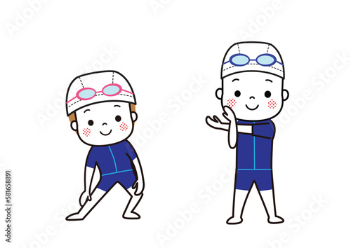 水泳の前に準備運動をする男の子と女の子　ジェンダーレス水着