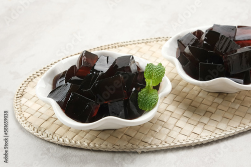 Cincau or Grass jelly (Mesona chinensis). Familiar during the month of Ramadan in Indonesia.
