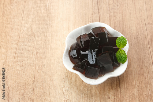 Cincau or Grass jelly (Mesona chinensis). Familiar during the month of Ramadan in Indonesia.
 photo