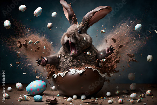 Horror scare - crazy, scary chocolate easter bunny explodes in a surprise out of a huge easter egg, to terrorize!
