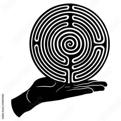 Human hand holding a round spiral maze or labyrinth symbol on open palm. Ariadne. Symbol of hidden knowledge and enigma. Black and white silhouette.