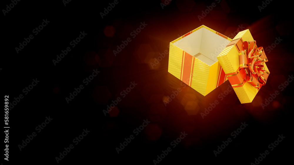 shining opened goldish and red giftbox on dark background - object 3D rendering