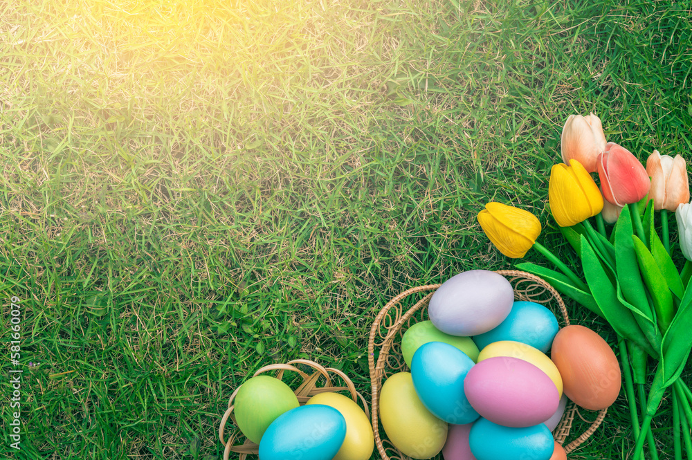 Fototapeta premium Happy Easter holiday greeting card concept. Colorful Easter Eggs and spring flowers on green grasses background. Flat lay, top view, copy space.