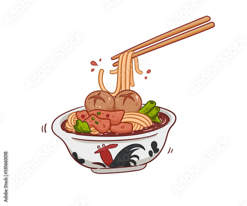 Noodles bowl soup ramen tasty asian food restaurant cartoon logo vector illustration