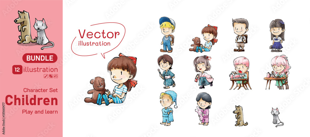 Children cartoon character set bundle vector illustration chalk style Children cartoon character set bundle vector illustration chalk style