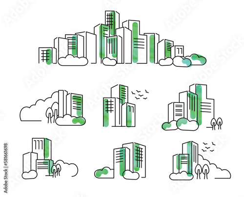 フラットな線画イメージ緑の都市の景観イラスト	
