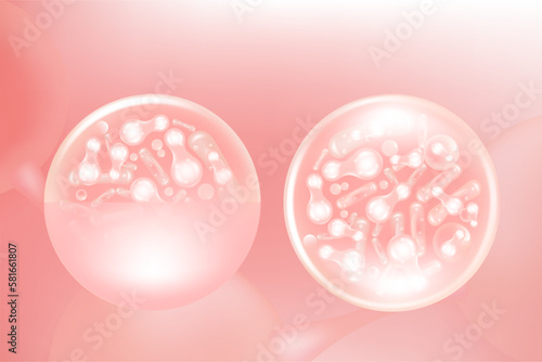 Probiotic and Hyaluronic acid skin solutions ad, pink collagen, and vitamin serum drops with cosmetic advertising background ready to use illustration vector.