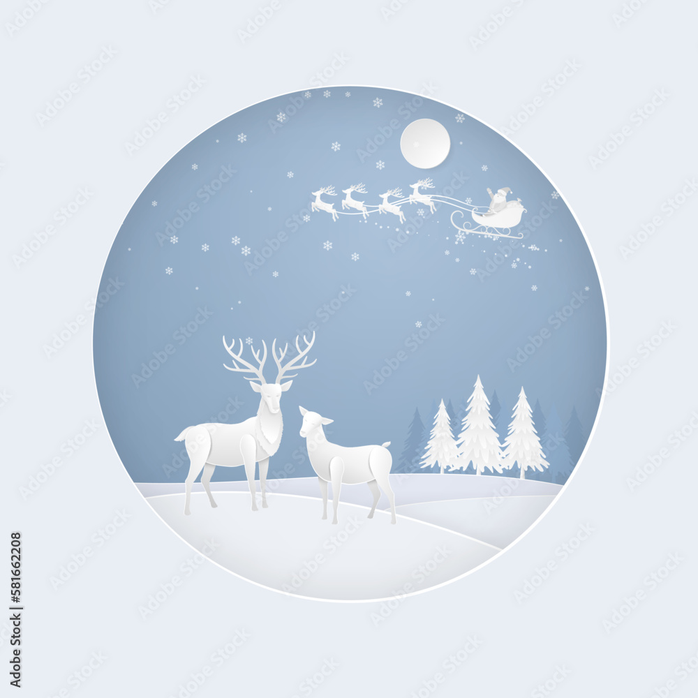 Deer in the forest in the winter season. christmas card in circle view, vector paper art. Deer in the forest in the winter season. christmas card in circle view, vector paper art.