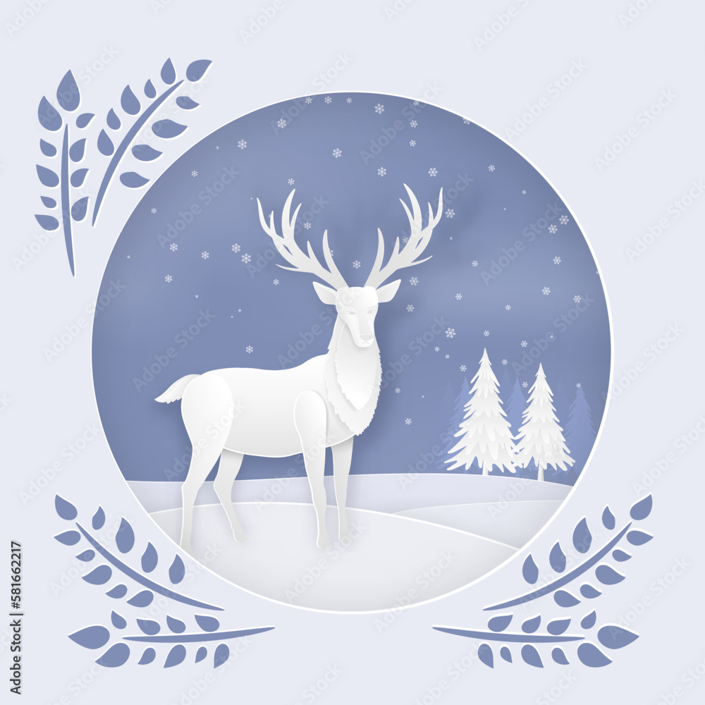 Deer in the forest in the winter season. christmas card in circle view, vector paper art.