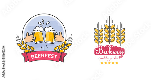 Logo bakery bread shop icon vector and beer fest premium quality brewery logotype label graphic illustration, grain wheat restaurant product badge template image