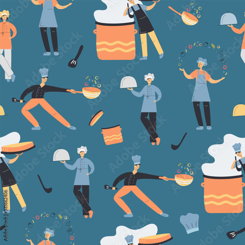 Pattern of master chef cooks and tastes food