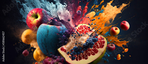Generative AI. An explosion of tropical fruits with splashes on a dark isolated background. Horizontal banner.