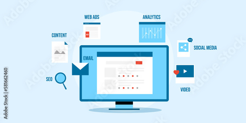 Digital campaign internet marketing concept, Content seo social media advertising and analytics full business solution infographic web vector banner.