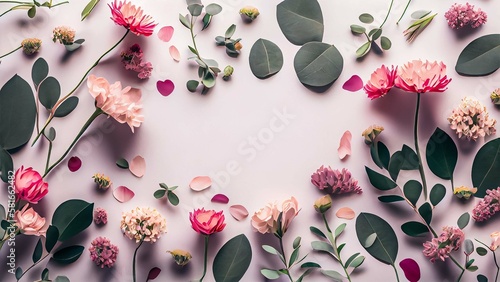 Frame made of pink flowers and eucalyptus branches on white background