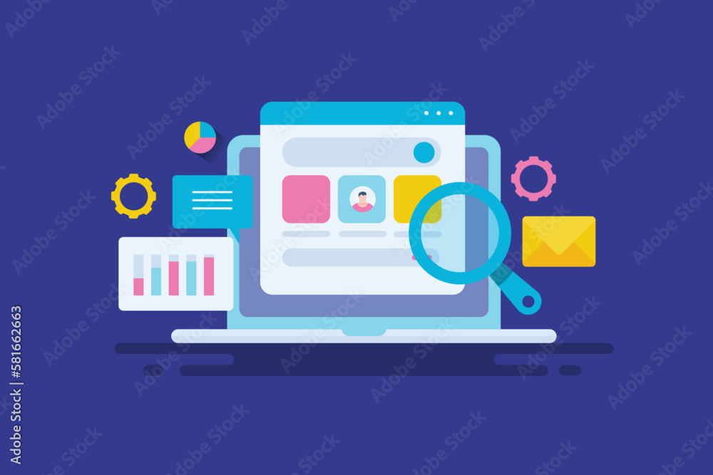 Website analytics business intelligence software, seo optimization and digital marketing data dashboard, website strategy concept, vector illustration. Website analytics business intelligence software, seo optimization and digital marketing data dashboard, website strategy concept, vector illustration.