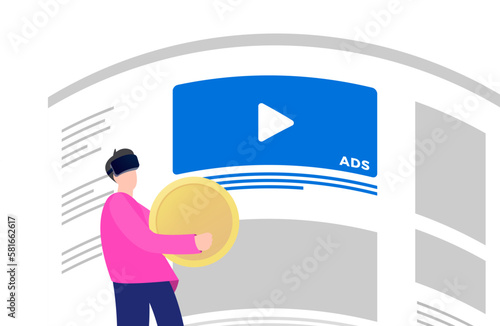 Virtual reality advertising concept. Man with VR headset holding coin, eager to spend in virtual world. Curved screen shows virtual ads, merging VR tech and online commerce