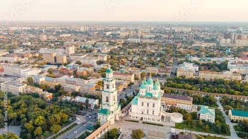 Astrakhan, Russia. Cathedral of the Assumption of the Blessed Virgin. Astrakhan Kremlin during sunset, Aerial View © nikitamaykov